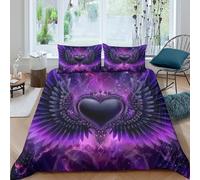 Violet wings heart Linge de Lit Facile d'entretien Microfibre 3 Pièces 3D Imprimée Fantaisie angel design Ensemble De Literie avec Fermeture Éclair Respirante for Chambre à Coucher Single（140x200cm）
