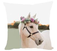 Violetpos Housse de coussin décorative pour canapé et voiture Motif cheval blanc et fleurs, Lin, Rose, 40 x 40 cm