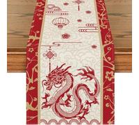 Violiica Chemin de table et 4 sets de table motif dragon chinois pour décoration de cuisine de vacances, 33 x 183 cm, rouge et jaune, protection de table lavable en polyester