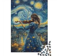 Violinist Under Starry Sky Adult Jigsaw Puzzles Starry Night Violinist Scene for The Whole Family Women, Gifts for Men 38x26cm 1000pcs