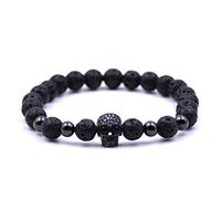Vioness Bracelet Homme Femme Crâne Tête de Mort Zircon Incrusté Boule Perle Volcanique Pierre Naturelle Bijoux - Noir