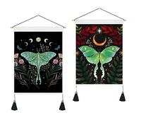 VIONNPPT Lot de 2 tapisseries murales de tarot avec pompons - Motif lune et soleil - Motif papillon - Pour chambre à coucher, salon - Vert et noir