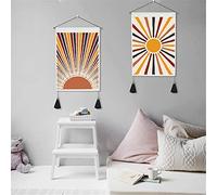 VIONNPPT Lot de 2 tapisseries murales en macramé - Motif soleil et lune - Avec pompon - Style bohème - Décoration murale pour salon, chambre à coucher (B)