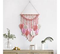 VIONNPPT Tenture murale en macramé - Motif feuilles - Motif plume - Style bohème - Décoration d'intérieur - Pour chambre à coucher, salon - Cadeau (rose + blanc)