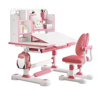 VioroKew Kids Desk and Chair Set - Height Adjustable Children School Study Desk with 50° Tiltable Desktop, Storage Drawer & Bookstand, Ergonomic Kid Functional Table Chair for Boys Girls Gift Rose
