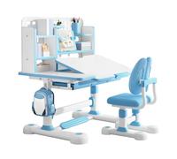 VioroKew Kids Desk and Chair Set - Height Adjustable Children School Study Desk with 50° Tiltable Desktop, Storage Drawer & Bookstand, Ergonomic Kid Functional Table Chair for Boys Girls Gift Bleu