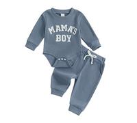 Vioyavo Ensemble de vêtements pour nouveau-né garçon Printemps Automne 2 pièces Ensemble de vêtements Lettre Broderie Manches Longues Barboteuse Élastique Pantalon Long Ensemble, bleu, 0-3 mois