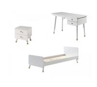 Chambre 3 pièces lit chevet et bureau bois blanc satiné Funy 90x200 cm Beige