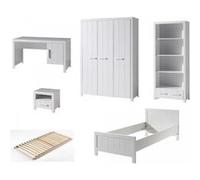 Vipack ERIK Lit simple + Bureau + sommier + Chevet + armoire 3 portes + Bibliothèque
