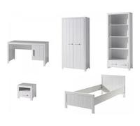 Chambre enfant 5 pièces lit chevet bureau bibliothèque et armoire 2 portes pin massif laqué blanc Erik 90x200 cm