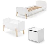 Vipack Kiddy Lit Simple En Bois Laqu Et Brut Et Sommier + Chevet 1 Porte + Coffre Jouets Blanc