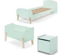Vipack KIDDY Menthe Lit simple en bois laqué et brut et sommier + Chevet 1 porte + Coffre à jouets Beige G
