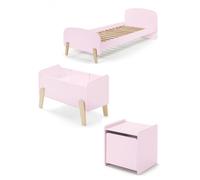 Vipack Kiddy Rose Lit Simple En Bois Laqu Et Brut Et Sommier + Chevet 1 Porte + Coffre Jouets