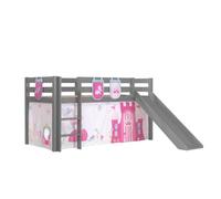 Vipack Lit Enfant Surlev Avec Toboggan Pino 90x200cm Gris + Rideau Et 3 Pochettes Little Princess
