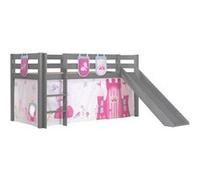Vipack Lit Enfant Surlev Avec Toboggan Pino 90x200cm Gris + Rideau Et 3 Pochettes Little Princess