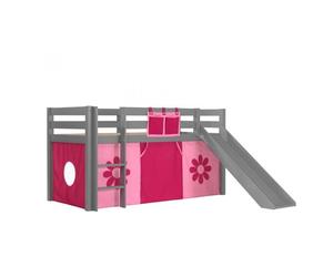 Vipack Lit Enfant Surlev Avec Toboggan Pino 90x200cm Gris + Rideau De Lit Pink Flower