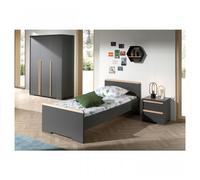 Vipack London Lit Anthracite + Chevet 2 Tiroirs Anthracite + Armoire 3 Portes Anthracite Gris
