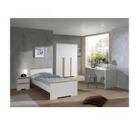 Vipack London Lit Blanc + Chevet 2 Tiroirs Blanc + Armoire 3 Portes Blanc Mat + Bureau Blanc Mat Blanc
