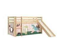 Vipack PINO Lit Compact avec Toboggan Pin Massif Nature + Rideau en 4 parties Dinos Beige G