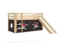 Vipack PINO Lit Compact avec Toboggan Pin Massif Nature + Rideau en 4 parties Pirate des Caraibes Beige G