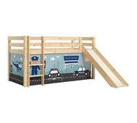 Vipack PINO Lit Compact avec Toboggan Pin Massif Nature + Rideau en 4 parties Policier Beige G