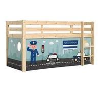 PINO Lit Compact Pin Massif Naturel + Rideau en 4 parties Policier