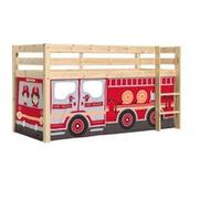 Vipack PINO Lit Compact Pin Massif Naturel + Rideau pour lit en 4 parties Pompiers Rouge