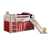 Vipack Lit mezzanine Pino, pin massif blanc avec toboggan et rideau de lit Chucky