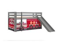 Vipack PINO Lit mezzanine avec toboggan pin massif + Rideau de lit Firemen Rouge G