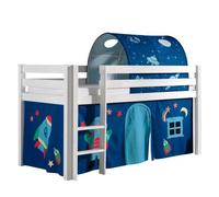 Vipack Pino Lit Sureleve En Pin Massif 90x200cm Avec Sommier Blanc + Rideau Et Tunnel De Lit Space