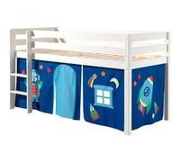 PINO Lit sureleve en pin massif avec sommier Blanc + Rideau de lit Astro