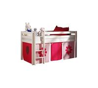 Vipack PINO Lit sureleve en pin massif avec sommier Blanc + Rideau de lit Pink Flower