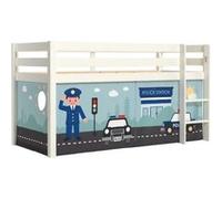 PINO Lit sureleve en pin massif avec sommier Blanc + Rideau en 4 parties Policier
