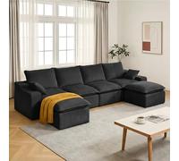 Vipbear Canapé d' Angle Modulable en U 348 cm 6 Places avec 2 Repose-Pieds Amovible, Boneless Couch Sofa, Canapé Cloud en Velours Côtelé à Assise Profonde, Canapé en U pour Salon, Noir