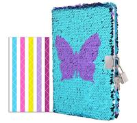 VIPbuy Agenda à paillettes réversible avec serrure et clé Journal de voyage ligné avec coin photo pour femmes et filles, format A5 (215 x140mm), 156 pages (Agenda Papillon)