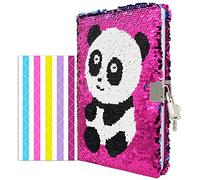 VIPbuy Carnet à paillettes réversible avec cadenas et clé Journal de voyage ligné avec coins adhésifs pour photos Pour enfant, fille Format A5 (215 x 140 mm) 156 pages Arc-en-ciel et argent