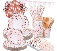 VIPNAJI 186 PCS Vaisselle Anniversaire Assiette Vaisselles Anniversaires Fille Assiettes Dîner Dessert Tasse Serviette Papier Paille pour Anniversaire Fête Party Fête Mariages, or rose ,25 Invités