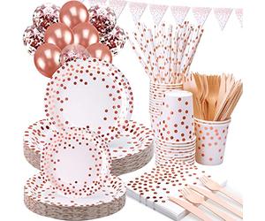 VIPNAJI 186 PCS Vaisselle Anniversaire Assiette Vaisselles Anniversaires Fille Assiettes Dîner Dessert Tasse Serviette Papier Paille pour Anniversaire Fête Party Fête Mariages, or rose ,25 Invités