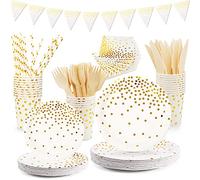 VIPNAJI Assiette Blanche Or 176PCS Assiette Carton Blanc Serviettes Gobelet Fourchettes Couteaux Bannière, Vaisselle en carton recyclable,pour les fêtes d'anniversaire et Noël, Mariages(25 invités)