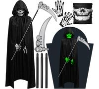 VIPNAJI Déguisement faucheur Halloween Ensemble de vêtements Cape à Capuchon Noire, avec Faux de La Mort, Une Serviette pour Le Visage du crâne, des Gants de crâne, Halloween Carnaval Costume