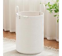 VIPOSCO Grand panier à linge sale avec poignée en cuir, panier de rangement en corde tissée pour couverture, jouets dans le salon, la salle de bain, la chambre à coucher, 72 L, blanc