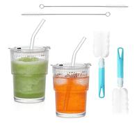 VIQIHEOE Lot de 2 gobelets en verre strié, avec couvercle et paille, 450 ml, pour smoothie, café glacé, avec pinceau de nettoyage, pour latte, macchiato, whisky (style court)