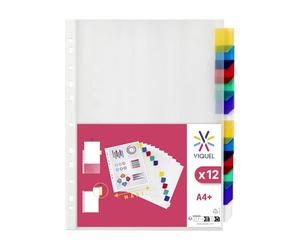 Viquel - Intercalaires Classeur A4 12 onglets en plastique - Intercalaires pochette perforée personnalisables - Onglets de couleurs personnalisables - Format Maxi A4 24,5x30,5cm