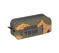 Viquel - Trousse Scolaire Garçon 2 Compartiments Grande Capacité Safari - Double Poche Zippée - Rangement Stylos École Primaire & Collège - Kaki et Bleu