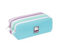 Viquel - Trousse Scolaire Teknik Pastel pour Enfants - Polyester 600D Résistant - 3 Compartiments, 3 Zips et Cordelettes - Patch Décoratif - Bleu/Vert et Violet