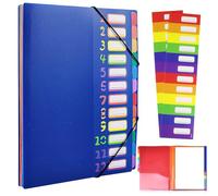 VIQWYIC Chemise A4 12 compartiments - Cartable en polypropylène imperméable avec fermeture éclair & étiquettes colorées - Organisateur portable pour école/bureau - Bleu
