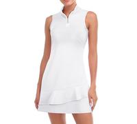 Viracy Robe de tennis sans manches avec short et poches à volants, fermeture éclair, col montant, Blanc uni., Taille M