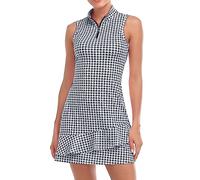 Viracy Robe de tennis sans manches avec short et poches à volants, fermeture éclair, col montant, H-noir pied-de-poule, Taille S