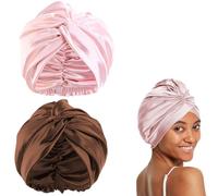 VireEyU 2 pièces Bonnet de Nuit en Satin - avec bande élastique, Bonnet de Nuit antidérapant et respirant en Soie de Mûrier pour tous types de cheveux, Idéal pour Femmes et Filles (rose, marron)