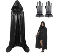 VireEyU Cape Noire Avec Capuche, 170CM Manteau En Velours, Costume De Vampire Pour Femmes Et Hommes, Cape Unisexe Pour Carnaval, Halloween Et Cosplay, Avec Gants En Dentelle Noire Inclus